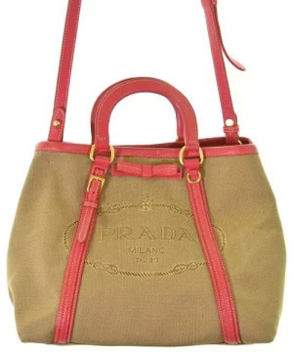 Prada Canvas Jacquard Logo Bow 2Way Tote Bag beige red pink